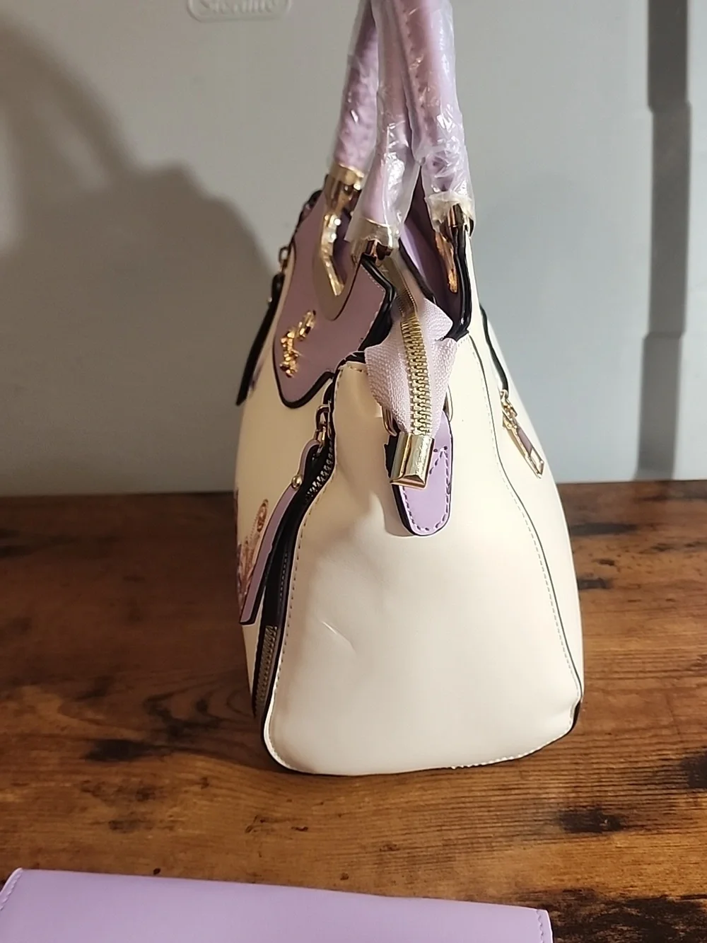 Purple 3 Pcs Set Women's Handbag With Elegant Geometric Print, Faux Leather FP